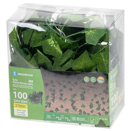 Aigostar - LED соларна верига 100xLED/12м IP65 300 mAh топла бяла бръшлян