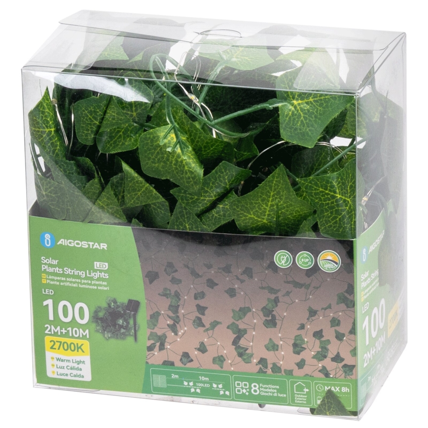 Aigostar - LED соларна верига 100xLED/12м IP65 300 mAh топла бяла бръшлян