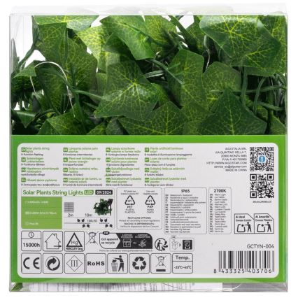 Aigostar - LED соларна верига 100xLED/12м IP65 300 mAh топла бяла бръшлян