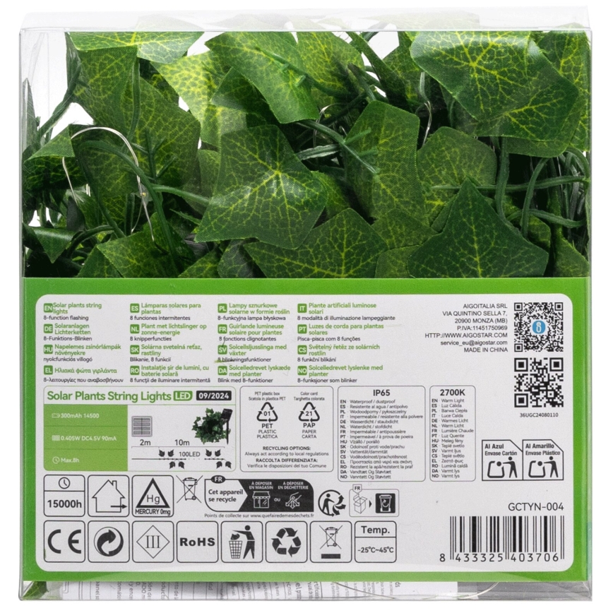 Aigostar - LED соларна верига 100xLED/12м IP65 300 mAh топла бяла бръшлян