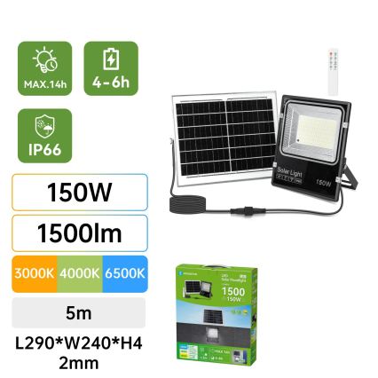 Aigostar - LED соларен прожектор LED/150W/3,2V 3000mAh 3000K/4000K/6500K IP66 + дистанционно управление