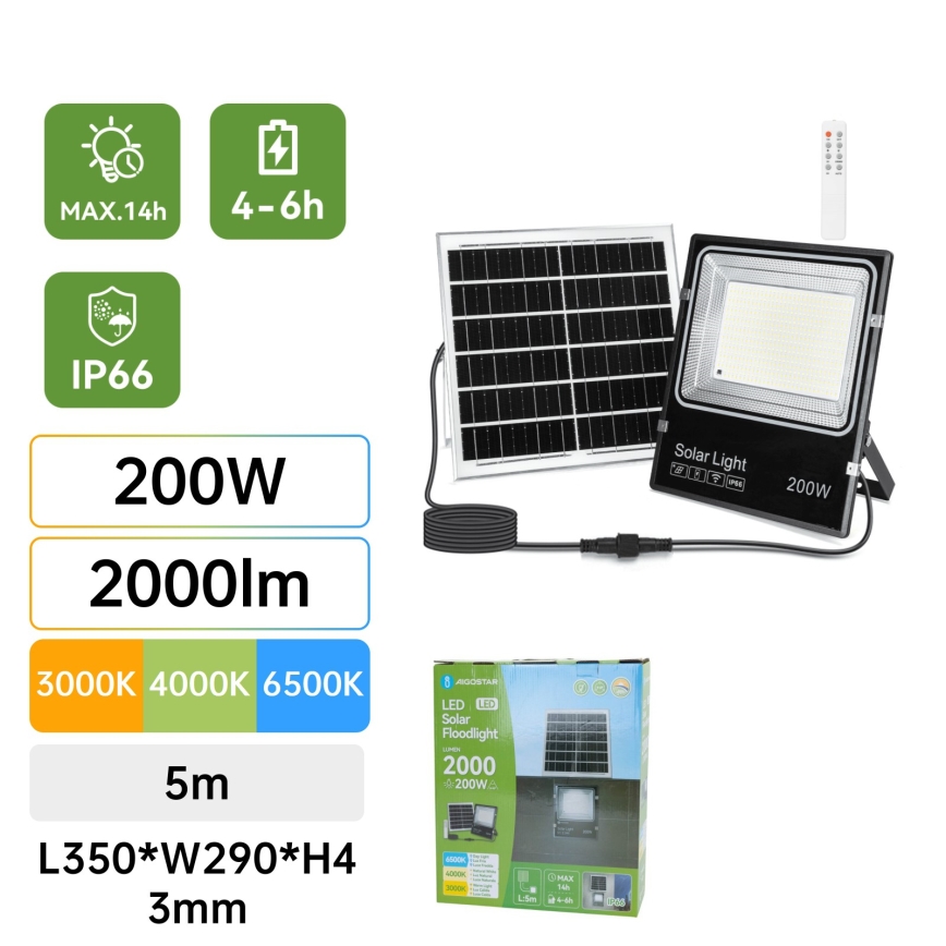 Aigostar - LED соларен прожектор LED/200W/3,2V 3600mAh 3000K/4000K/6500K IP66 + дистанционно управление