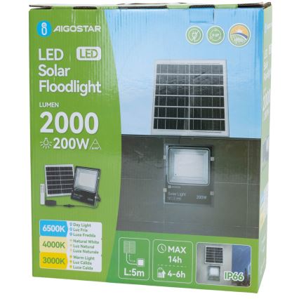 Aigostar - LED соларен прожектор LED/200W/3,2V 3600mAh 3000K/4000K/6500K IP66 + дистанционно управление