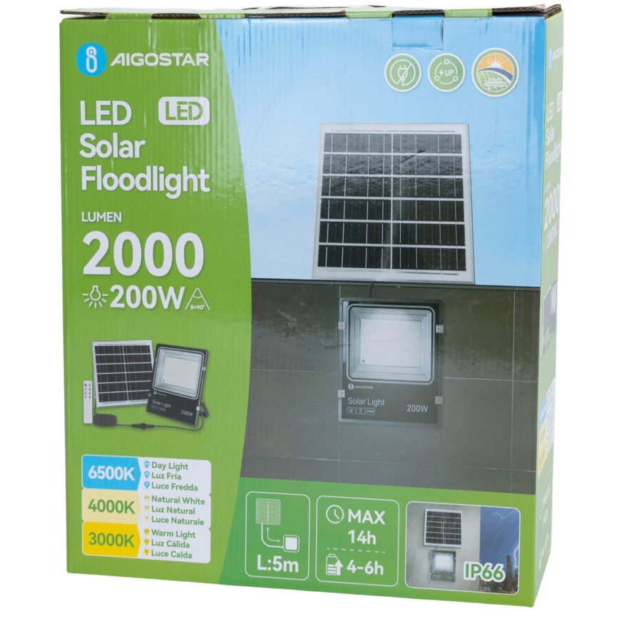 Aigostar - LED соларен прожектор LED/200W/3,2V 3600mAh 3000K/4000K/6500K IP66 + дистанционно управление