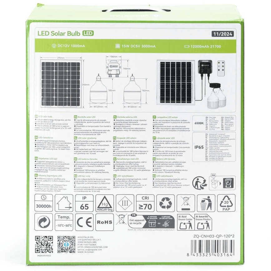 Aigostar - LED соларен полилей 2xLED/70W/12V 12000 mAh 6500K IP65 Ø 12 см + дистанционно управление
