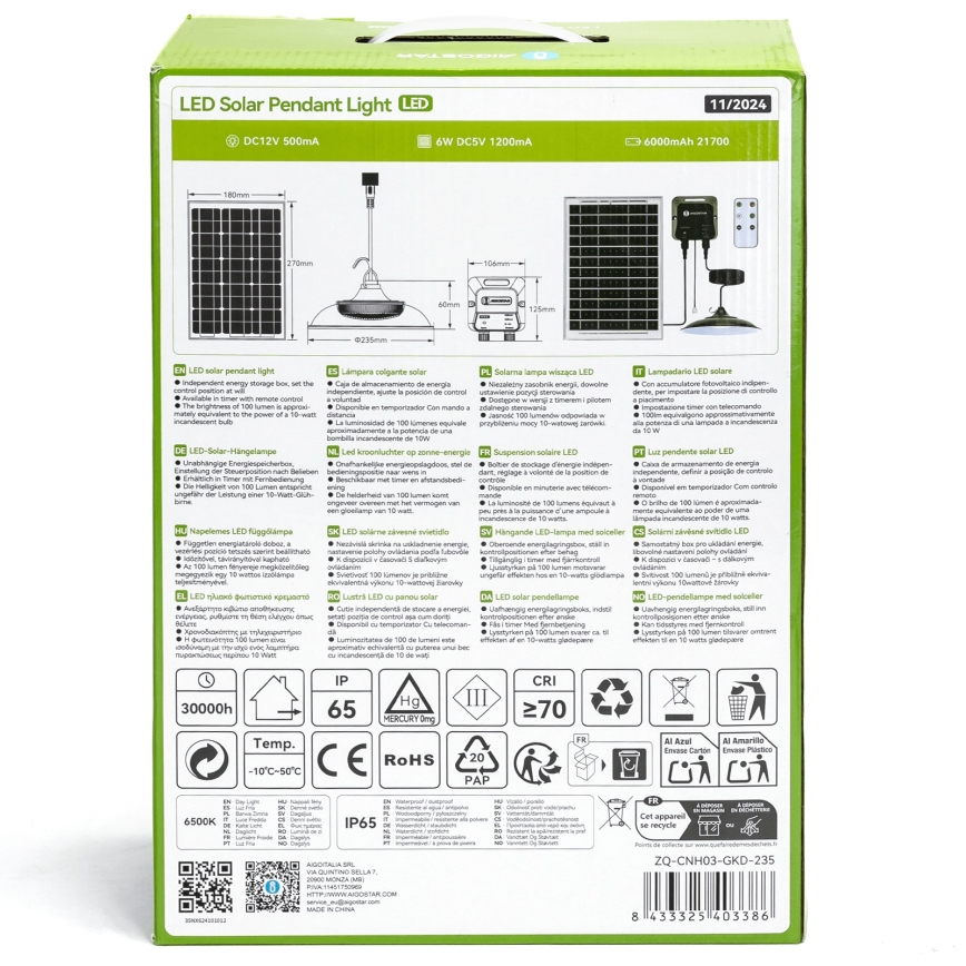 Aigostar - соларен LED полилей LED/70W/12V 6000 mAh 6500K IP65 диаметър 23,5 cm + дистанционно управление