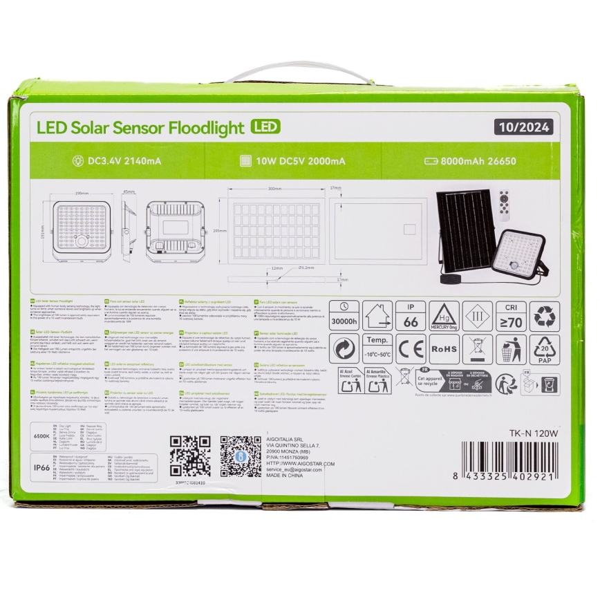 Aigostar - Регулируем соларен LED прожектор със сензор LED/120W/3,4V 6500K IP66 8000 mAh + дистанционно управление