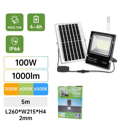 Aigostar - LED соларен прожектор LED/100W/3,2V 2000mAh 3000K/4000K/6500K IP66 + дистанционно управление