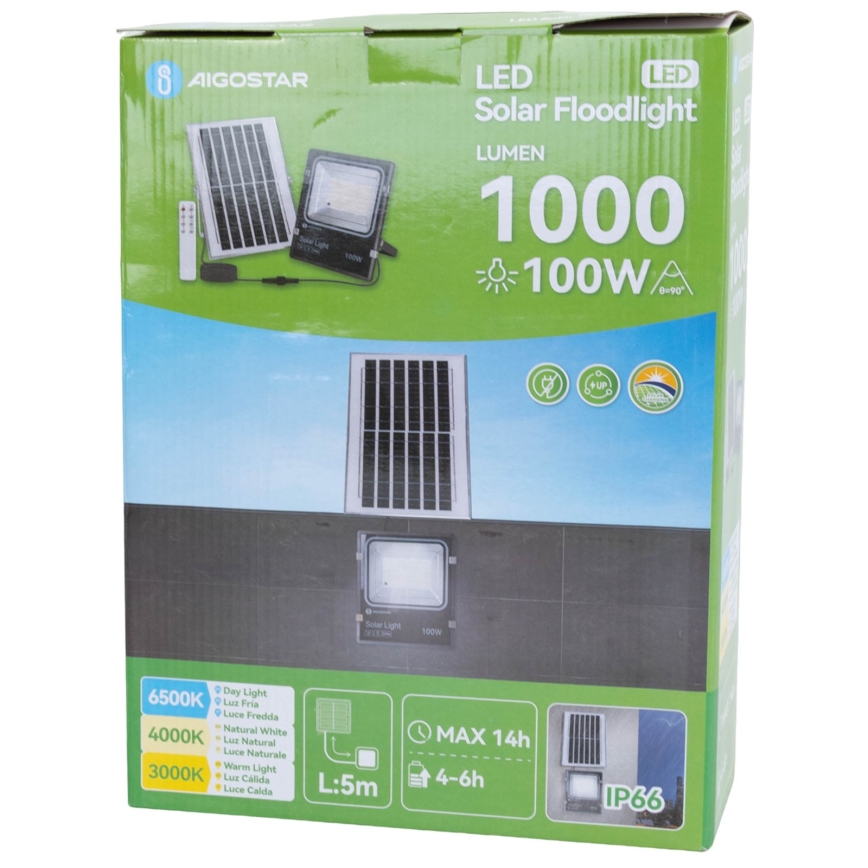 Aigostar - LED соларен прожектор LED/100W/3,2V 2000mAh 3000K/4000K/6500K IP66 + дистанционно управление