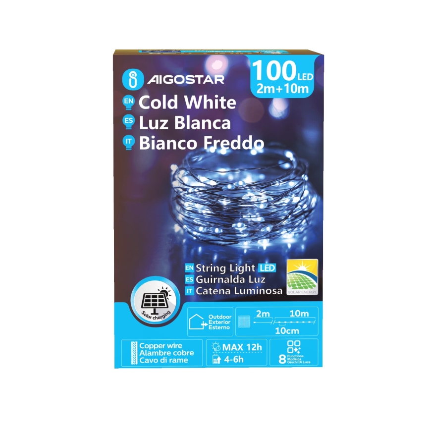 Aigostar - LED соларна коледна верига 100xLED/8 функции 12м IP65 800 mAh студено бяло