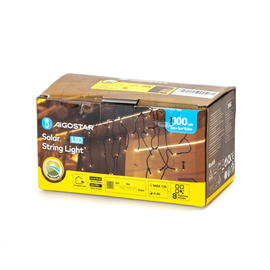 Aigostar - LED соларна коледна верига 100xLED/8 функции 8x0,6м 800 mAh IP65 топло бяло