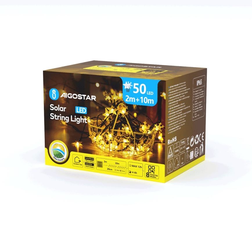 Aigostar - LED соларен коледен гирлянд 50xLED/8 функции 12m 800mAh IP65 топла бяла