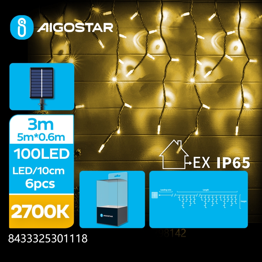 Aigostar - LED соларен гирлянд 100xLED/8 функции 8x0,6m 800 mAh IP65 топла бяла светлина