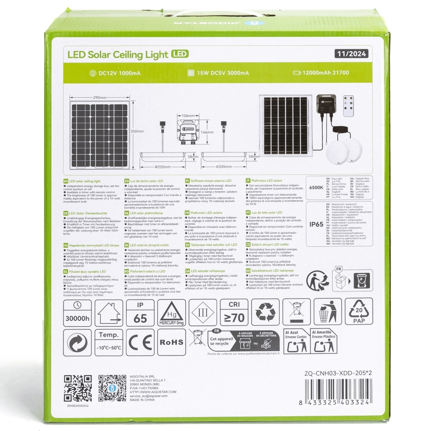 Aigostar - LED Соларна лампа 2xLED/70W/12V 12000 mAh 6500K Ø 20,5 см + дистанционно управление
