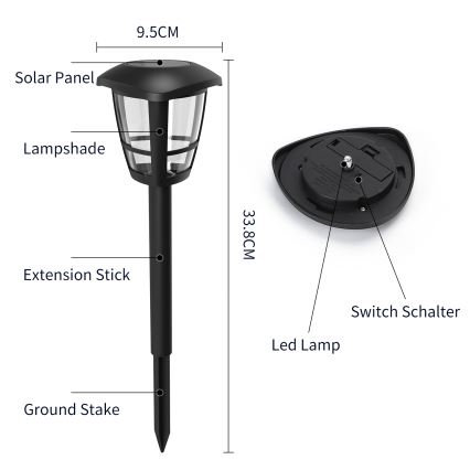 Aigostar - LED Соларна лампа LED/0,06W/2V 100 mAh 33,8 см 6500K IP44 черен