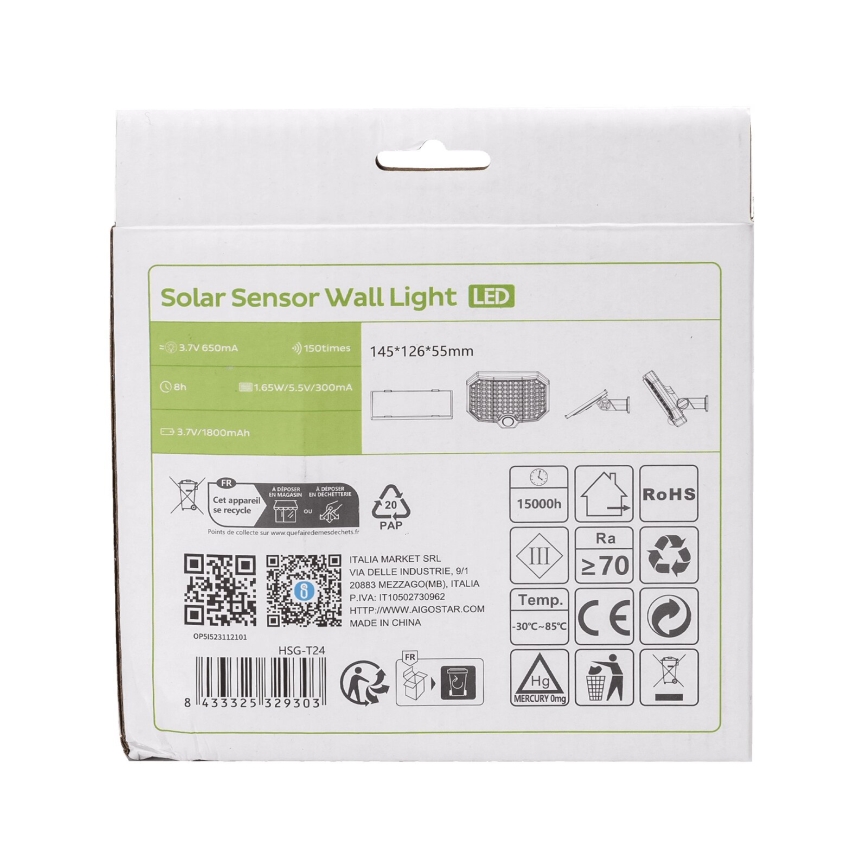 Aigostar - LED Соларна лампа със сензор за движение LED/2,4W/3,7V IP65