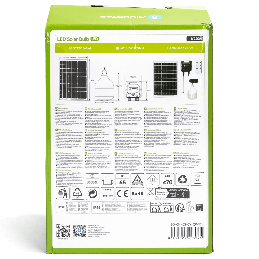 Aigostar - LED соларна лампа със сензор LED/70W/12V 6000 mAh 6500K IP65 Ø 12 см + дистанционно управление