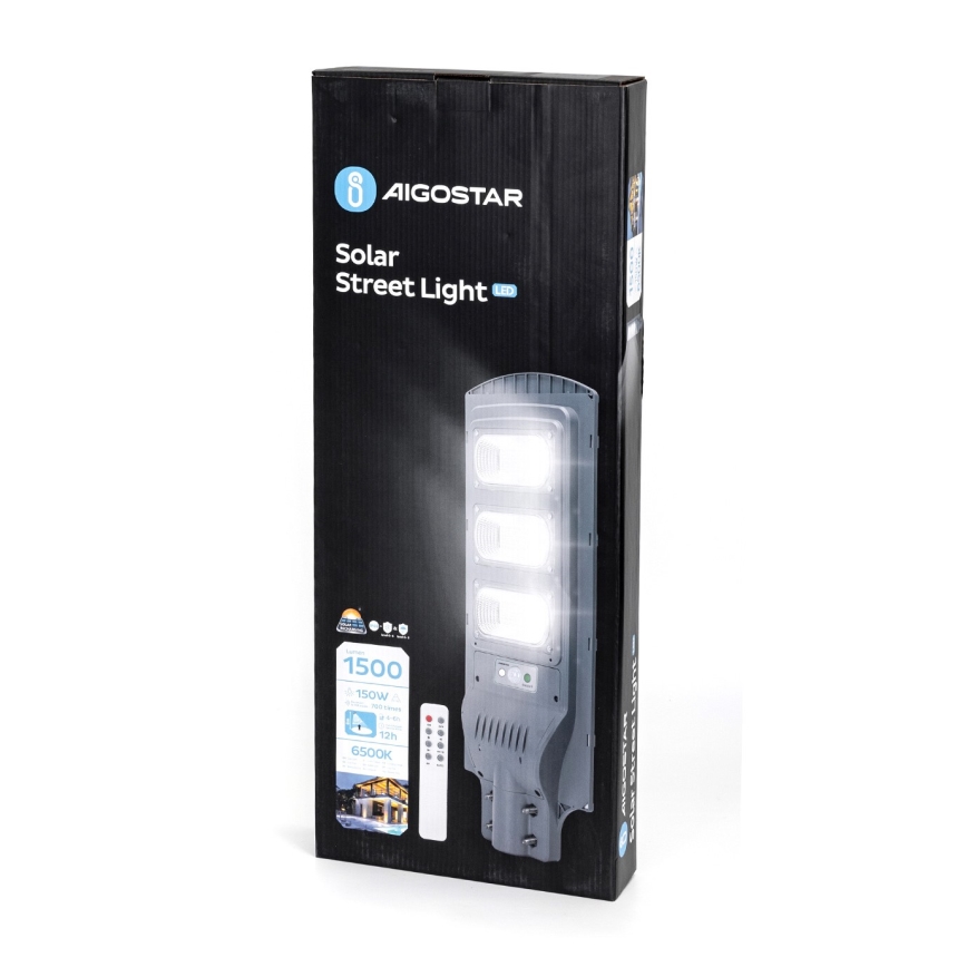 Aigostar - LED Соларна улична лампа със сензор за движение и здрач LED/150W/3,2V 15000mAh IP65 6500K + дистанционно управление