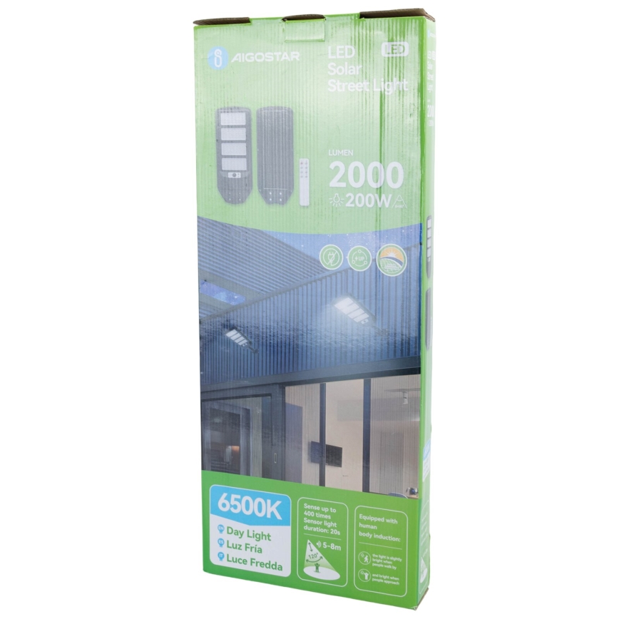 Aigostar - LED Соларна улична лампа със сензор LED/200W/3,2V 12000mAh IP65 6500K + дистанционно управление