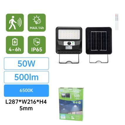 Aigostar - LED соларна улична лампа със сензор LED/50W/3,2V 1000mAh 6500K + дистанционно управление