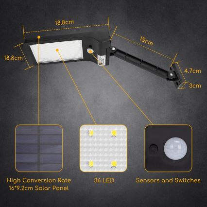 Aigostar - LED Соларна улична лампа със сензор LED/2,3W/5,5V 1800 mAh IP65