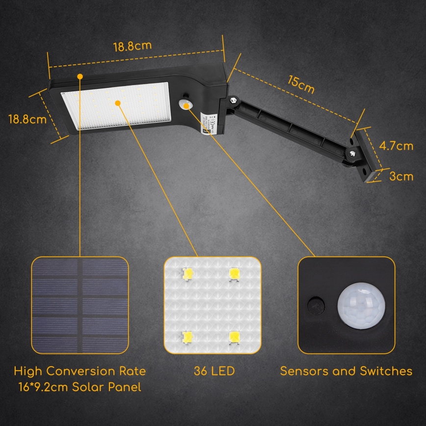 Aigostar - LED Соларна улична лампа със сензор LED/2,3W/5,5V 1800 mAh IP65