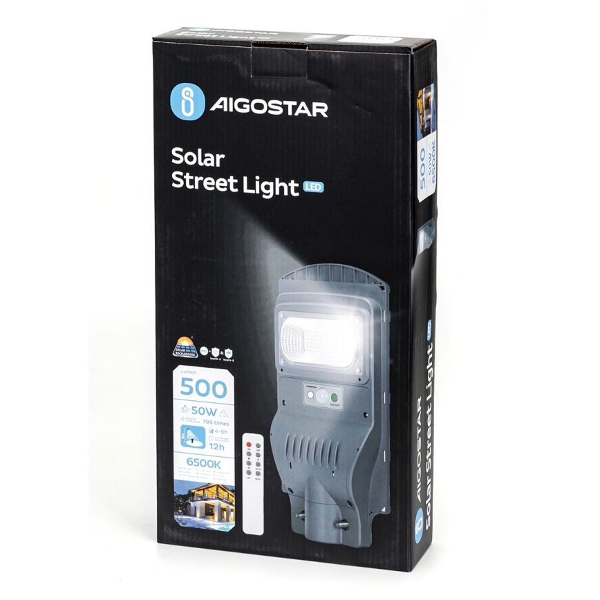 Aigostar - LED Соларна улична лампа със сензор LED/50W/3,2V 5000mAh IP65 6500K + дистанционно управление