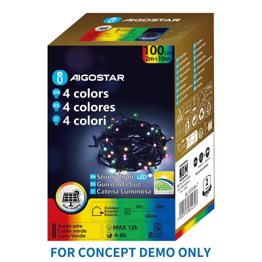 Aigostar - Соларна LED коледна гирлянда 200 LED / 8 функции, 22 м, IP65, многоцветна, 800 mAh