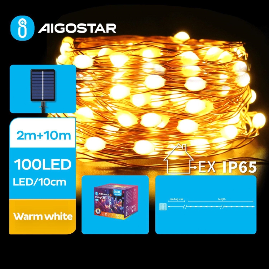 Aigostar - LED соларна коледна верига 100xLED/8 функции 12m 800 mAh IP65 топло бяло