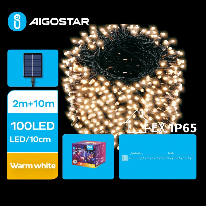 Aigostar - LED соларна коледна верига 100xLED/8 функции 12m IP65 топло бяло 800 mAh