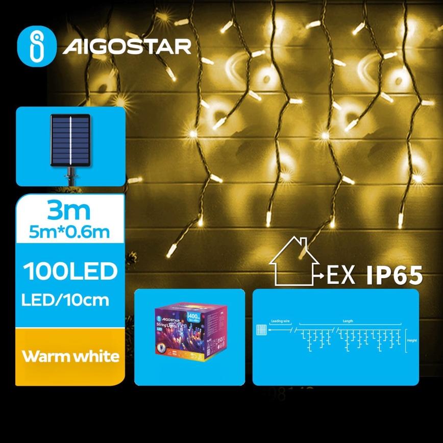 Aigostar - LED соларна коледна верига 100xLED/8 функции 8x0,6m 800 mAh IP65 топло бяло