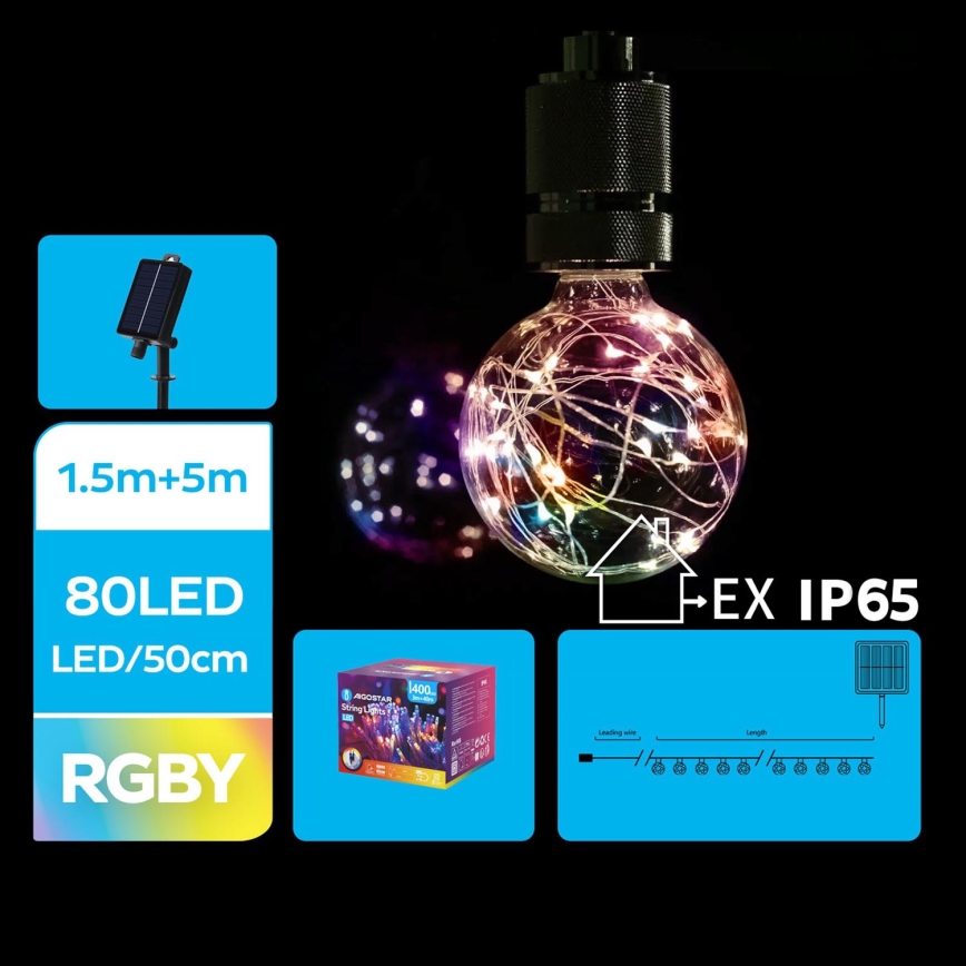 Aigostar - LED соларна коледна верига 10xLED/8 функции 6,5m IP65 500 mAh многоцветен
