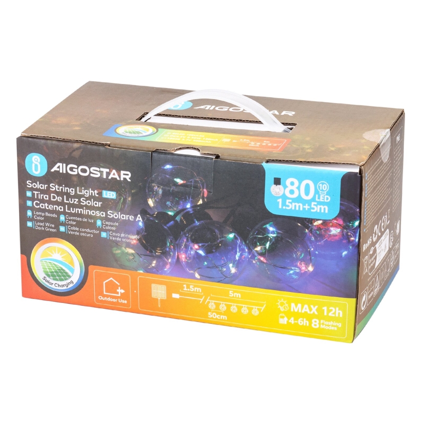 Aigostar - LED соларна коледна верига 10xLED/8 функции 6,5m IP65 500 mAh многоцветен