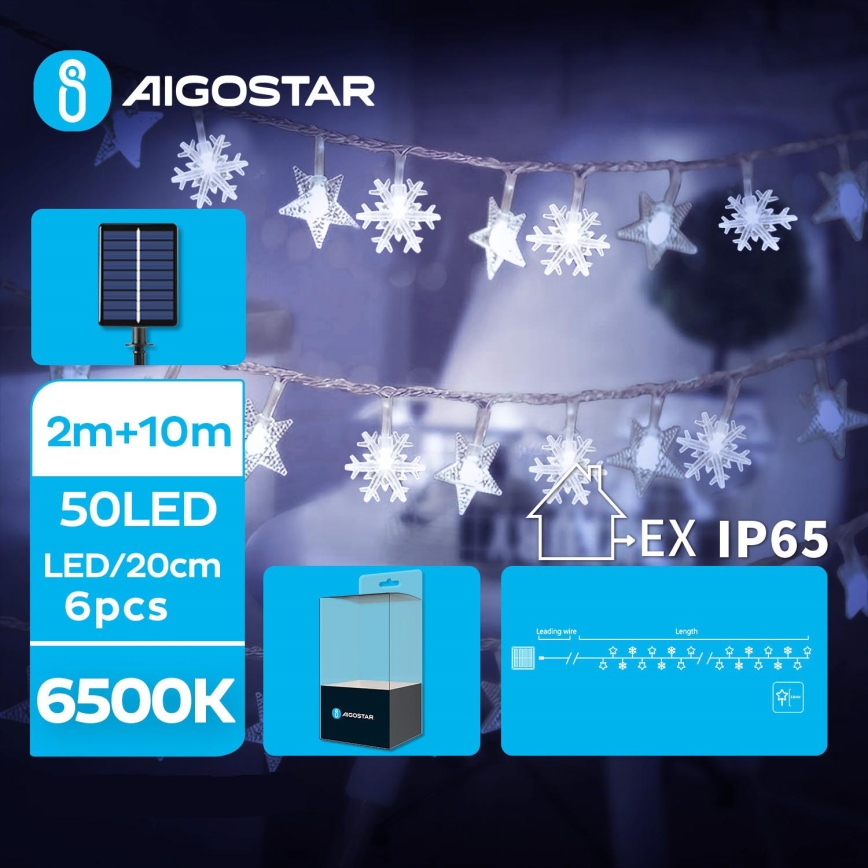 Aigostar - LED соларна коледна верига 50xLED/8 функции 12m IP65 800 mAh студено бяло