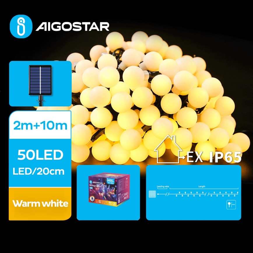 Aigostar - LED Соларни декоративни лампички 50xLED/8 функции 12m 800 mAh IP65 топло бяло
