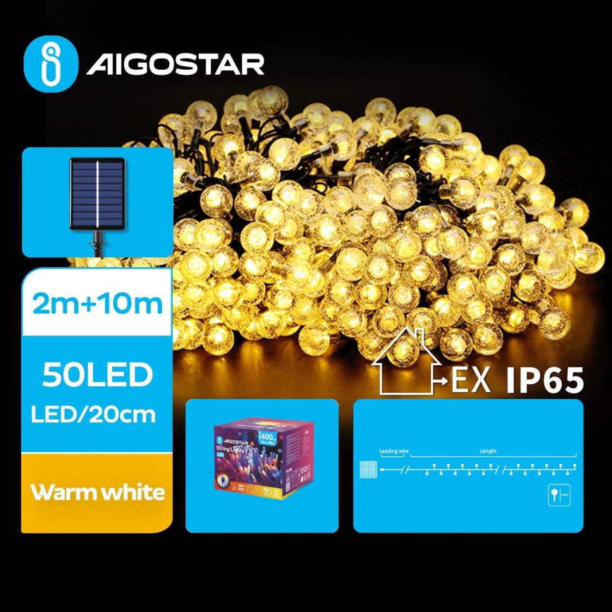 Aigostar - LED Соларни декоративни лампички 50xLED/8 функции 12m 800 mAh IP65 топло бяло