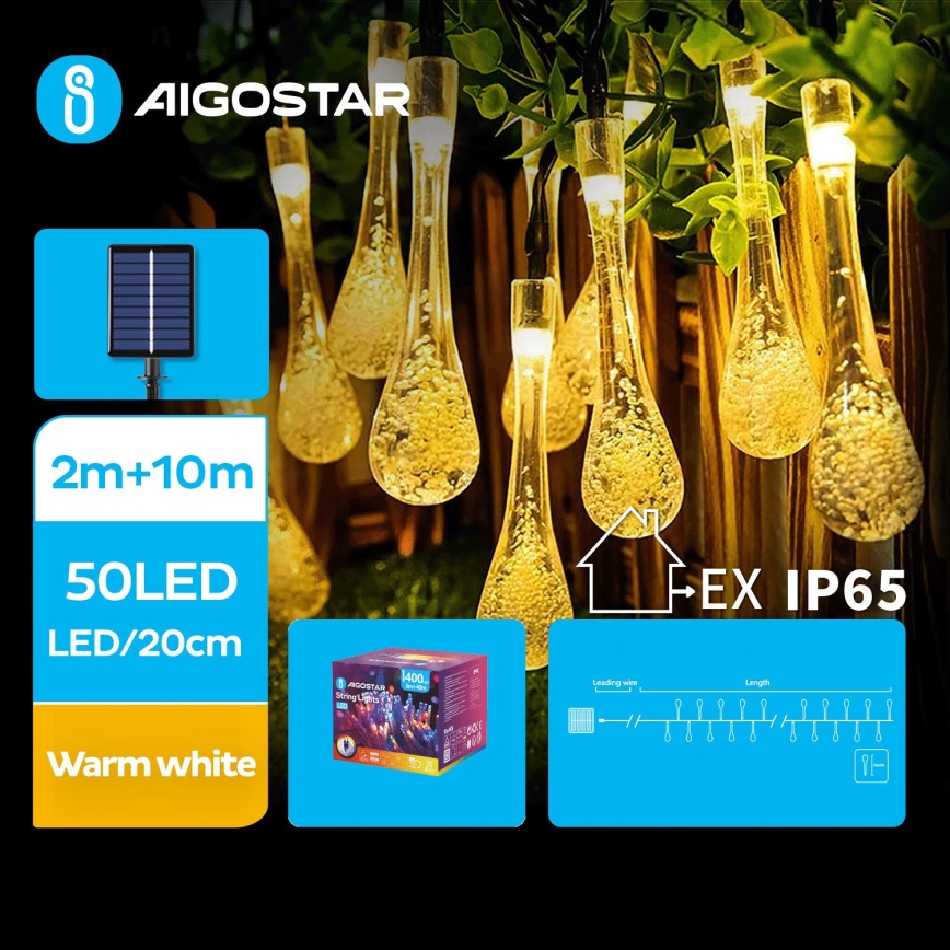 Aigostar - LED Соларни декоративни лампички 50xLED/8 функции 12m IP65 топло бяло 800 mAh