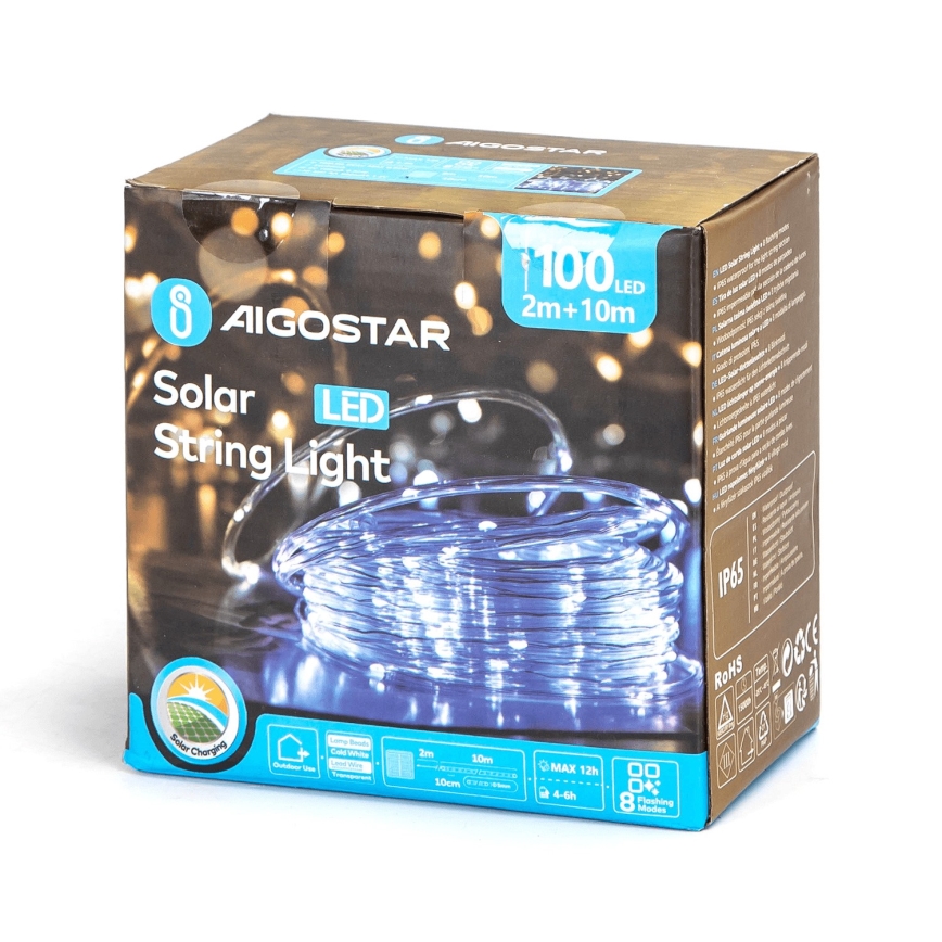 Aigostar - LED соларни коледни лампички 100xLED/8 функции 12 м IP65 студено бял