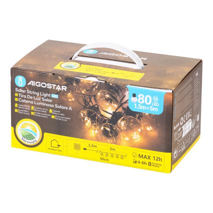 Aigostar - LED Соларни коледни лампички 10xLED/8 функции 6,5 м IP65 топло бял