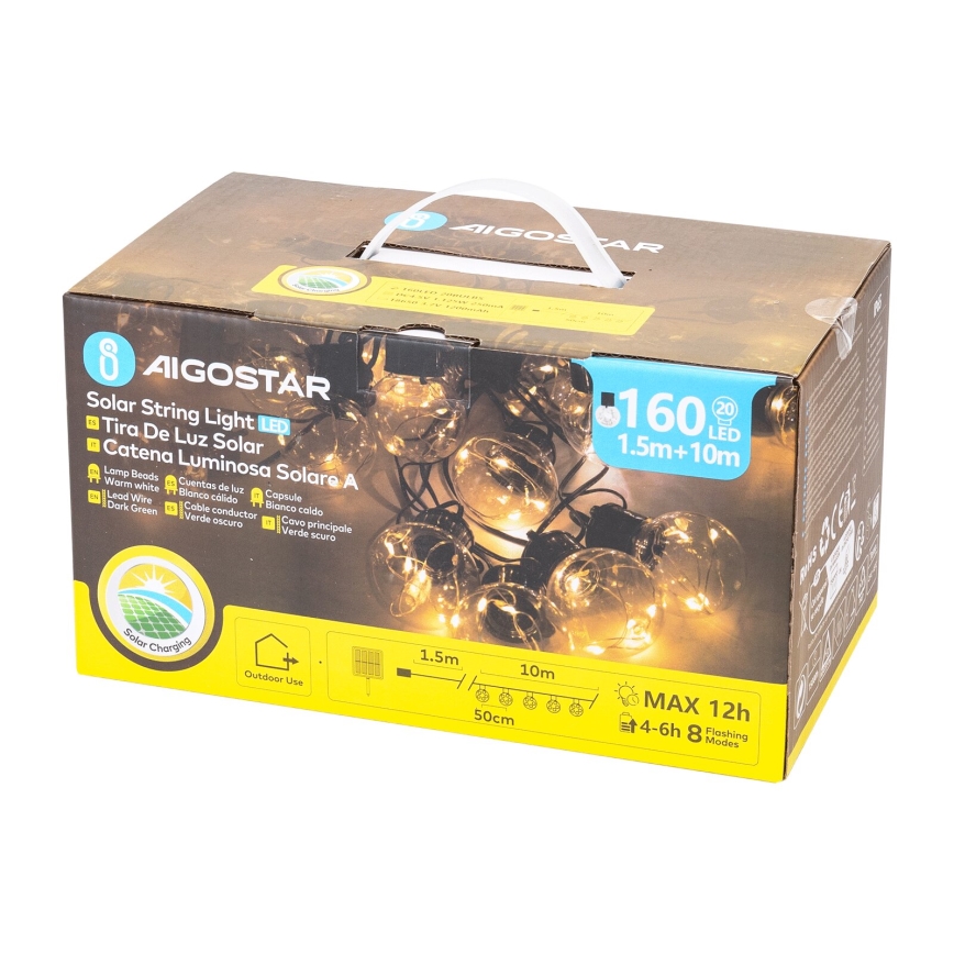 Aigostar - LED Соларни коледни лампички 20xLED/8 функции 11,5 м IP65 топло бял