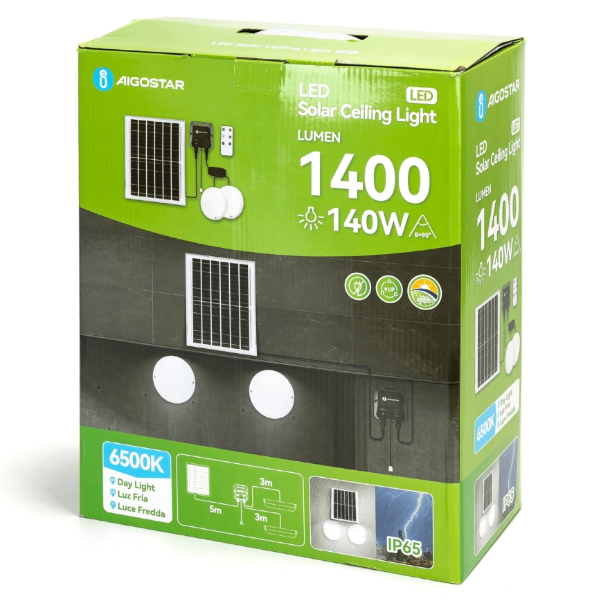 Aigostar - LED соларна лампа 2xLED/70W/12V 12000 mAh 6500K IP65 диам. 20,5 см + дистанционно управление