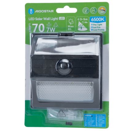 Aigostar - LED соларно осветително тяло със сензор LED/3,7V 6500K 500 mAh IP65 черно