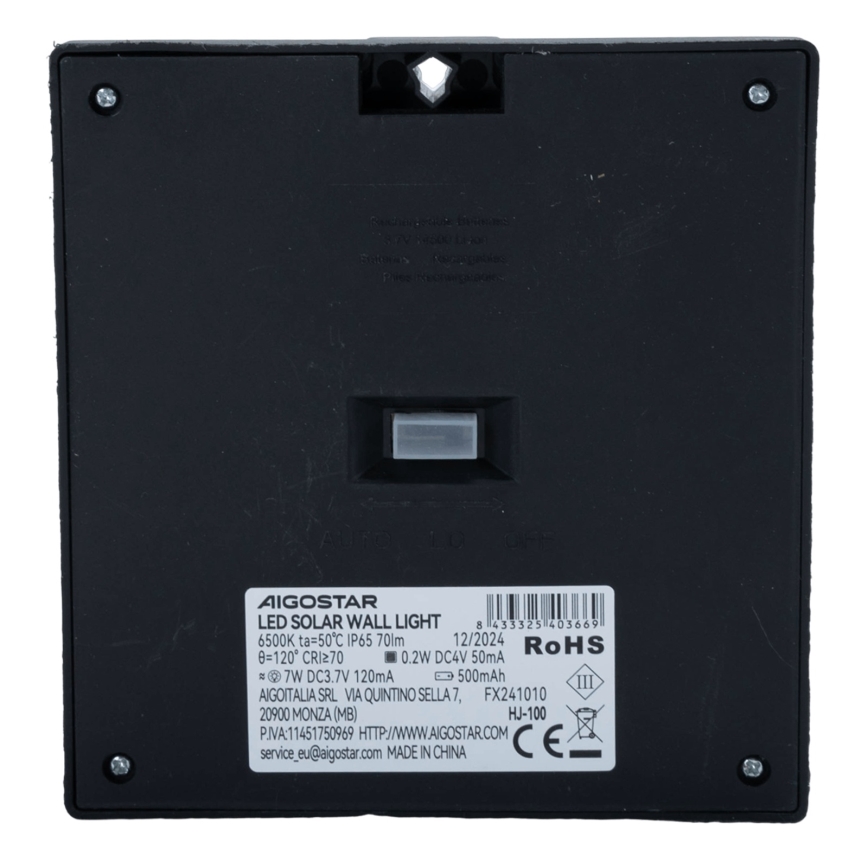 Aigostar - LED соларно осветително тяло със сензор LED/3,7V 6500K 500 mAh IP65 черно