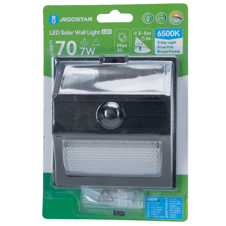 Aigostar - LED соларно осветително тяло със сензор LED/3,7V 6500K 500 mAh IP65 черно
