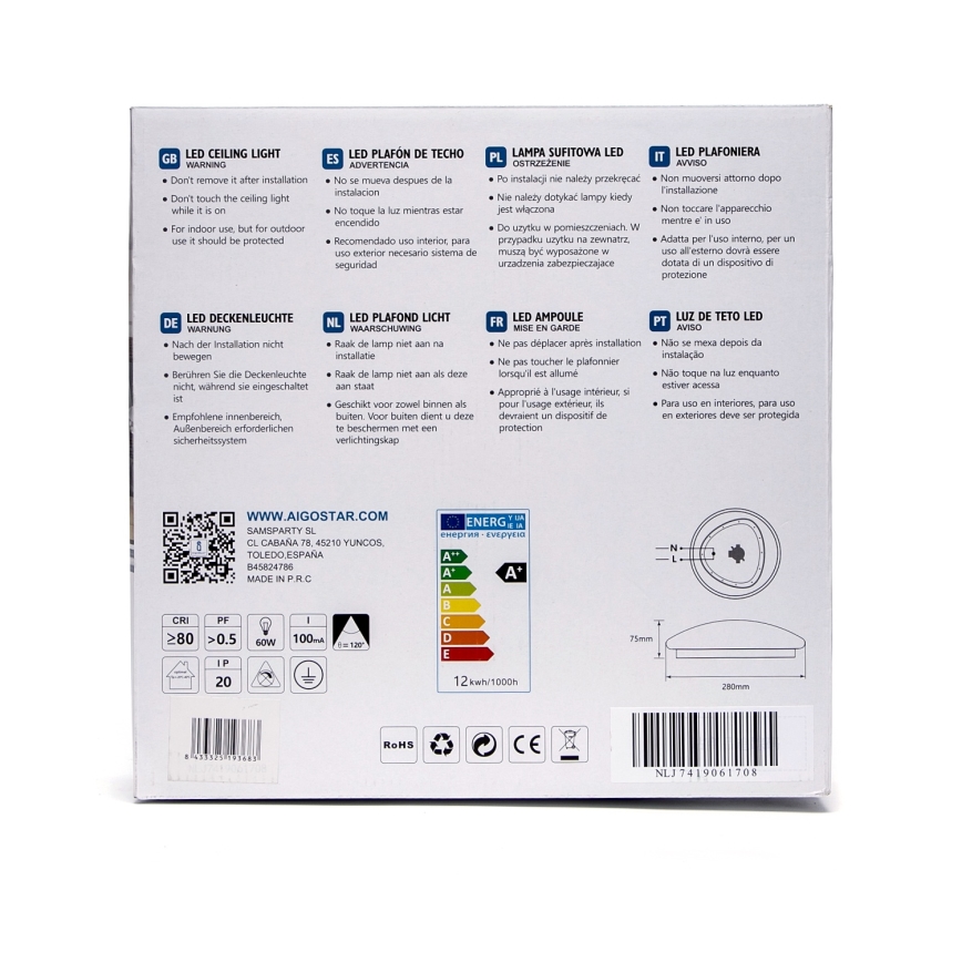 Aigostar - LED таванно осветително тяло LED/12W/230V 3000K Ø 28 см