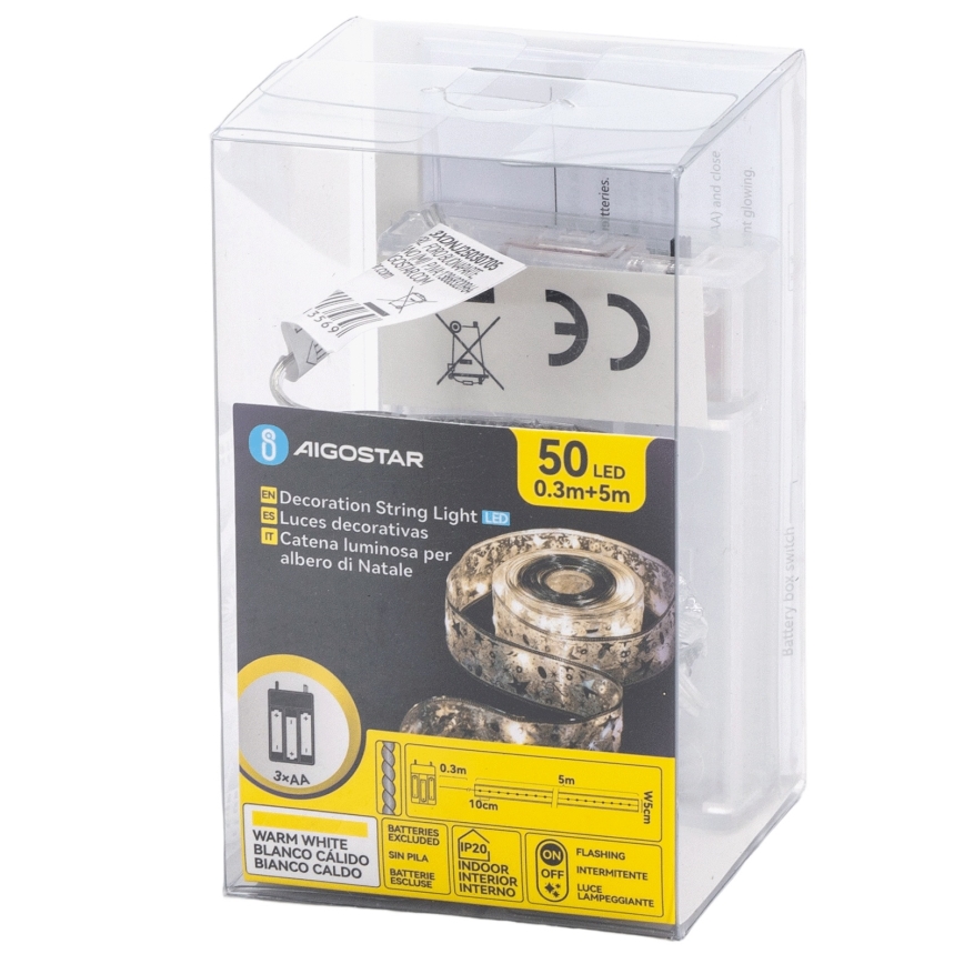 Aigostar - LED гирлянда 50 LED/3xAA, 5 м, топло бяло, сребриста