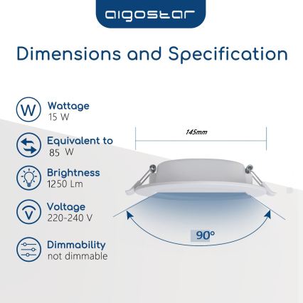 Aigostar - LED вградено таванно осветително тяло за баня LED/15W/230V 4000K IP44 Ø 14,5 cm бяло