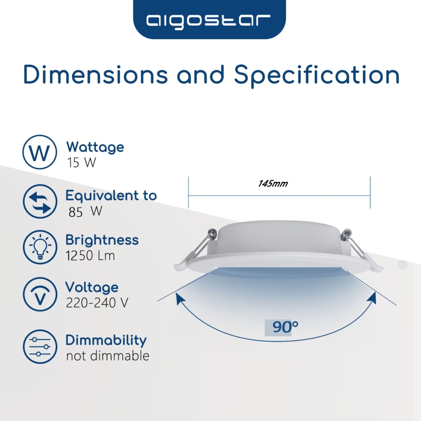 Aigostar - LED вградено таванно осветително тяло за баня LED/15W/230V 4000K IP44 Ø 14,5 cm бяло