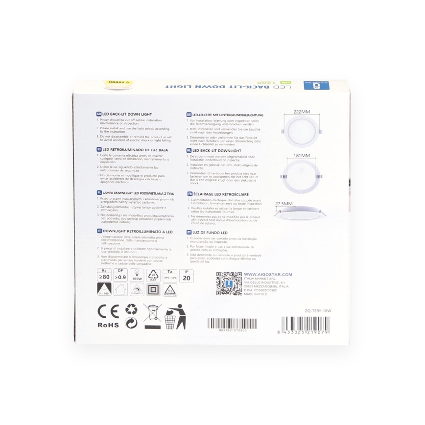 Aigostar - LED вградено таванно осветително тяло LED/18W/230V 3000K Ø 22,2 cm бяло