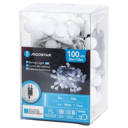 Aigostar - LED външна декоративна гирлянда 100xLED/8 режима 10m IP44 студено бяла